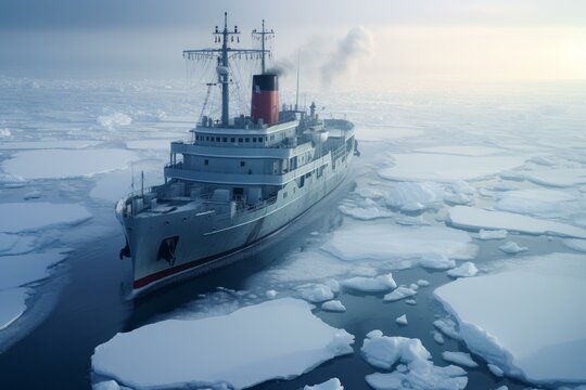 Awe-inspiring Ship cruising among sea ice. Arctic expedition icebreaker boat on frozen ocean water. Generate ai