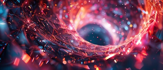 Create an eye-catching artwork using digital techniques to bring to life a swirling vortex of 3D polygons, symbolizing access to futuristic digital realms