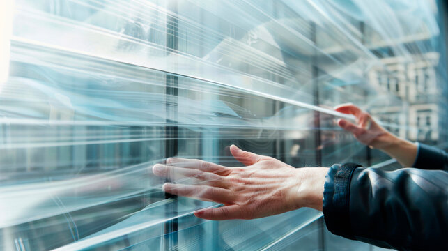 Swiping hand over a virtual interactive display with blur motion, symbolizing speed and modern digital interaction. Banner. Copy space