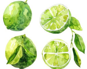 Hand Drawn Watercolor Lime Fruits with Leaf and Cut Half on White Background - Food Illustration