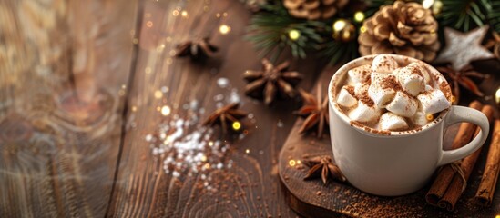 Image of a winter-themed hot beverage: hot chocolate or cocoa topped with marshmallows and spices, placed on a wooden surface. Displayed with empty space for text.