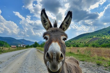 Happy Donkey on Romanian Mountain Road in Summer: Funny and Ravenous Animal Enjoying Nature - obrazy, fototapety, plakaty