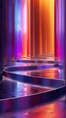 Create a stunning digital rendering of a sleek, futuristic long shot podium for a commercial campaign, featuring vibrant colors and dynamic lighting effects