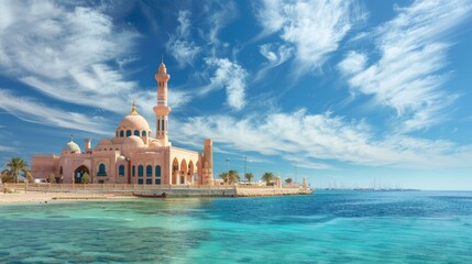 Naklejka premium Scenic Seascape with Mosque on Shore of Arab City amid Blue Sea and Sky for Travel or Vacation