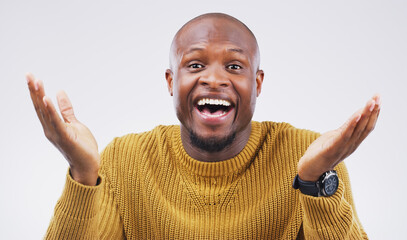 Studio, portrait and black man with I dont know or shrug with face shock, surprised and mind blown. Mockup, male person and hands gesture for gossip news, clueless reaction and white background