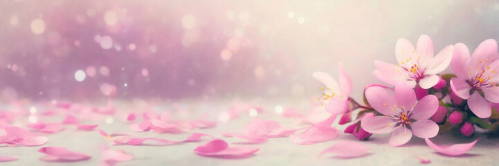 Obraz premium A delicate pink cherry blossom with petals scattered, highlighted by soft sunlight and a dreamy bokeh background.