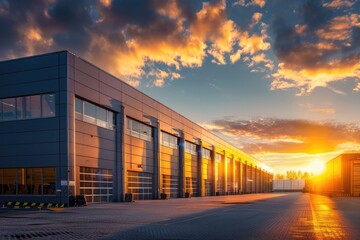 Obraz premium Modern Small Warehouse in the Picturesque Sunset of the Evening, Exterior View of Commercial Building Estate