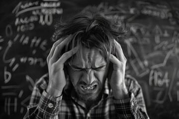 Stressed Man Crying by Blackboard. Say No to Slang Language in Cyberspace. Casual Attire Portrait Depicting Stressful Emotions