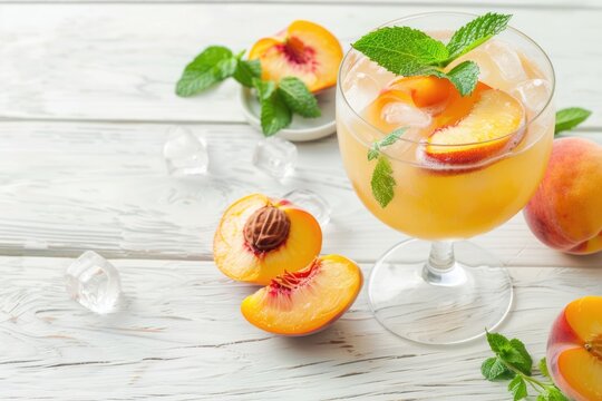 Sweet Summer Sip: Peach Cocktail with Mint on White Wooden Background