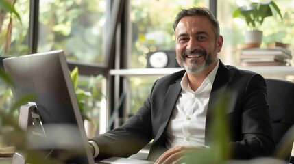 Smiling Businessman Working at Computer Desk