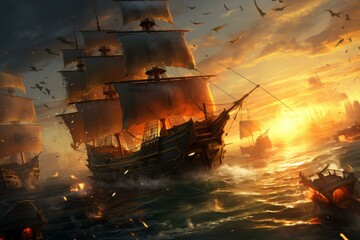 Imposing Sea battle ship. Ocean marine war. Generate Ai - obrazy, fototapety, plakaty