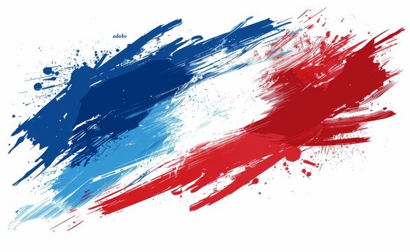 A splatter of red, blue and white paint on a white background like the French flag