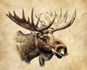 Vintage Moose Head Illustration with Antlers : An Elegant Drawing of a Majestic Stag with Vignetting Effect in the Background