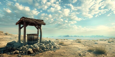 Wishing Well in Landscape with Wooden Bucket. Fulfill Your Dreams and Hopes with this Waterhole - obrazy, fototapety, plakaty