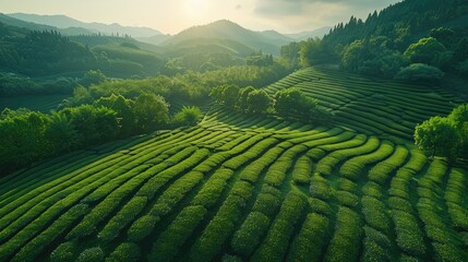panoramic aerial view of the ecological tea garden, a blend of nature and sustainable agriculture