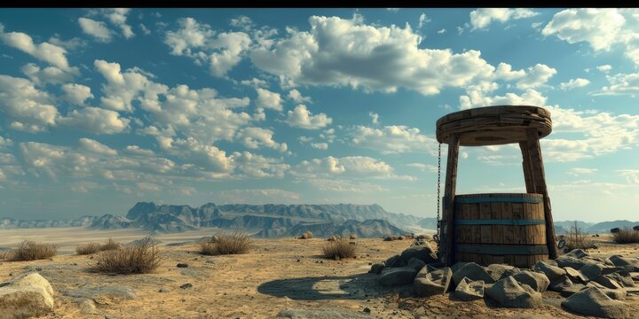 Wishing Well on a Barren Landscape with a Wooden Bucket. Dream, Hope and Wishes with Roof Covered Waterhole