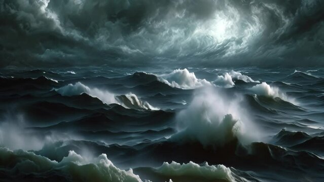 A dynamic painting capturing the fierce power of a storm as it unfolds amidst the vastness of the ocean, Gothic style Video of a dark and stormy sea