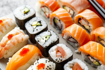 traditional japanese sushi on a white plate, platter, top view
