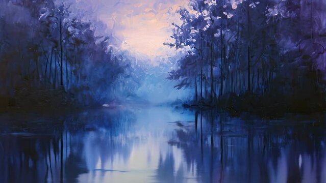 Painting of a River Flowing Through a Forest, Gradual blending of twilight hues - deep purples fading into midnight blues
