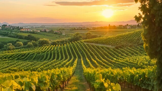 A scenic photo capturing the sun setting over a vineyard, with rows of grapevines in the foreground, Grape vineyards in the countryside under an orange sunset sky