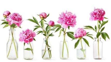 a bouquet of pink peonies arranged in a glass vase, isolated against a pristine white background, offering various angles and compositions for versatile design applications.