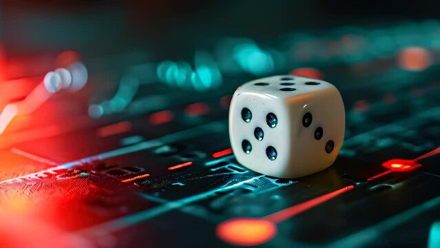 A close-up photo showing a single dice placed carefully on top of a computer keyboard, Graphs and number digits on a rolling dice representing uncertain investment