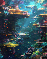 Colorful fish dart through a blue underwater world in a home aquarium