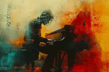 Silhouetted pianist immersed in music amidst a vibrant, abstract splash of colors on a textured background. Created with Generative AI.