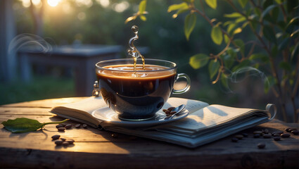 coffee cup with book and tiny glass sculpture on a table in the garden, a serene scene