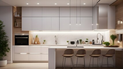 A photorealistic image showcasing futuristic under cabinet kitchen lighting in a modern kitchen setting.