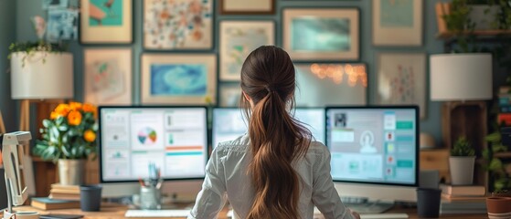 Female CEO multitasking on multiple screens - obrazy, fototapety, plakaty