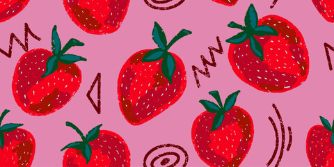 Texture of strawberries. Berry pattern. Cartoon style. Hand drawn elements. Vector seamless overlapping pattern.