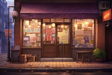 Intriguing Asian shop anime visual novel game. Modern travel. Generate Ai - obrazy, fototapety, plakaty