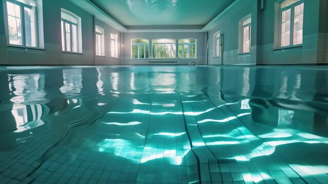 A large indoor swimming pool with a blue tiled surface and clear water awaiting swimmers, Gym swimming pool with crystal clear water