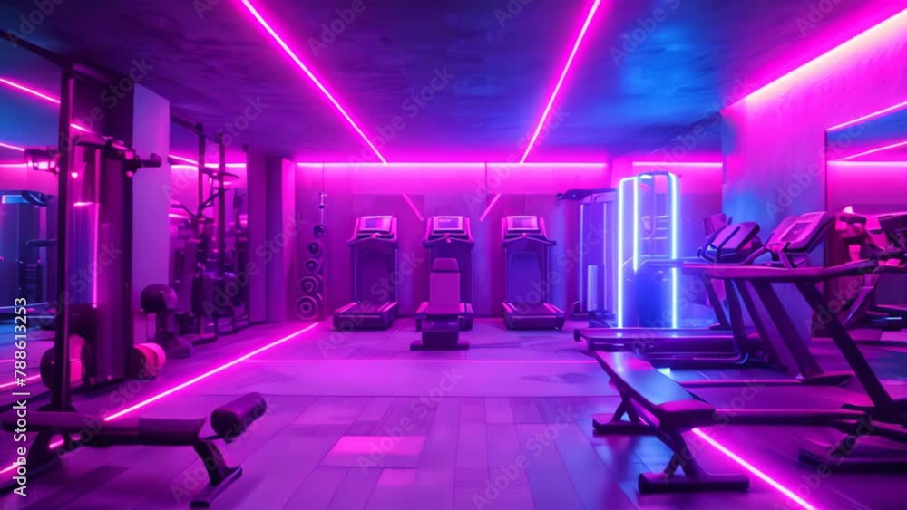 Poster a brightly illuminated gym packed with an array of exercise machines, creating a vibrant atmosphere,