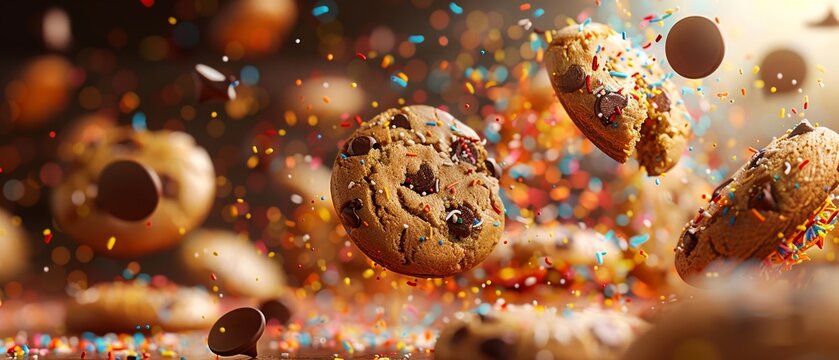 Craft a visually stunning 3D rendering of a variety of cookies in mid-air, surrounded by whimsical sprinkles and chocolate chips, exuding an irresistible aura of sweetness