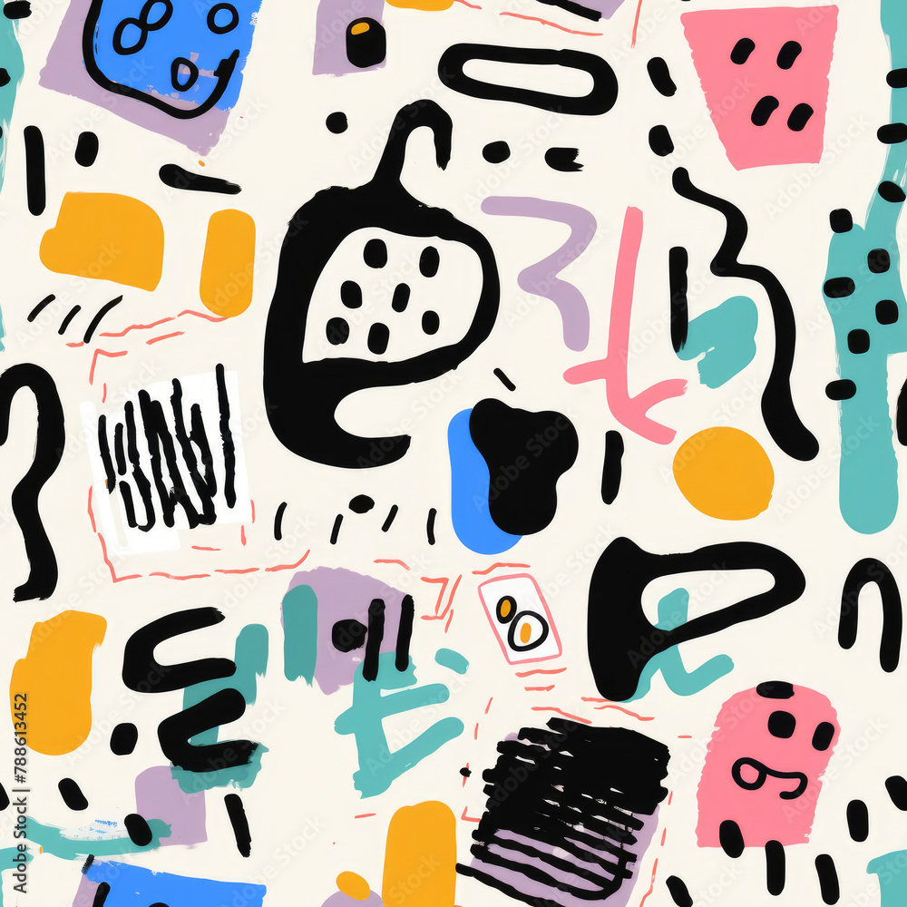Poster a colorful and abstract painting with a lot of different shapes and lines. the painting is full of e