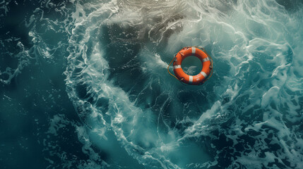 life buoy in water, life buoy on the sea, Life buoy or rescue buoy floating on sea to rescue people from drowning man, Lifebuoy floating at sea, Lifebuoy in a stormy blue sea, Ai generated - obrazy, fototapety, plakaty