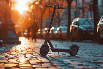 Electric scooter abandoned on a cobblestone street - obrazy, fototapety, plakaty
