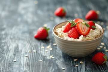oatmeal and strawberry closeup, oatmeal with a strawberry closeup, healthy food closeup, fresh healthy breakfast, healthy breakfast, morning food, heath conscious food 