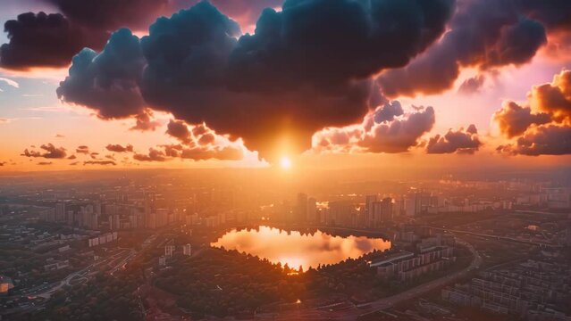 Heart-shaped Cloud Hovering Above City Skyline, Heart-shaped clouds floating over a serene cityscape