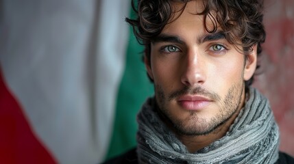 A portrait of a handsome Italian man highlighted by the vibrant colors of the Italian flag. Naturally beautiful Italian man with a feeling of national pride. - obrazy, fototapety, plakaty