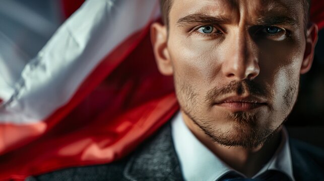 A portrait of a handsome Polish man highlighted by the vibrant colors of the Polish flag. Naturally beautiful Polish man with a sense of national pride.