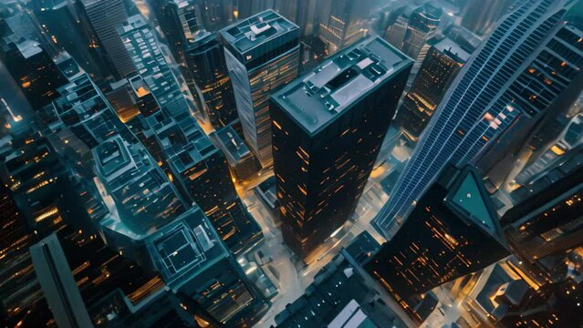 Aerial View of a City at Night With Glowing Skyscrapers and Busy Streets, High-rise city buildings from a drone's view during twilight