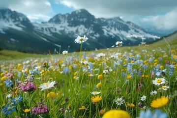 Alpine meadow, wildflowers, mountain backdrop, biodiversity hotspot - obrazy, fototapety, plakaty