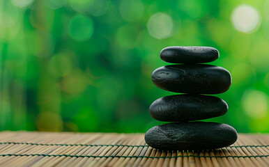 Zen Stones Stacked on Bamboo Mat Against Lush Green Background for Serenity - Powered by Adobe