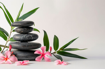 Zen Stones Balanced Perfectly With Pink Flowers in a Spa Setting