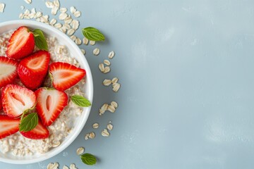 oatmeal and strawberry closeup, oatmeal with a strawberry closeup, healthy food closeup, fresh healthy breakfast, healthy breakfast, morning food, heath conscious food  - obrazy, fototapety, plakaty