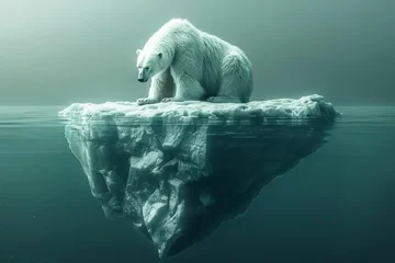 Fototapeten Melting polar ice caps, polar bear on shrinking iceberg, climate crisis visualization © DK_2020