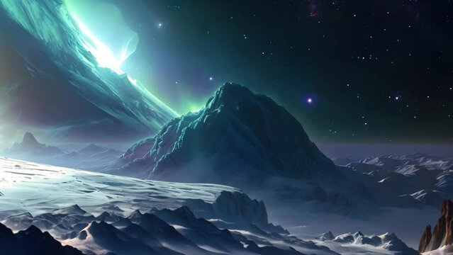 This photo captures a breathtaking view of a towering mountain peak set against a clear blue sky, Ice-covered alien world with a glowing aurora